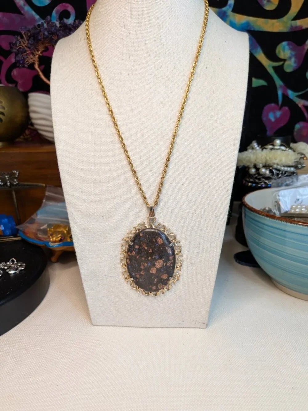 Gold‑Tone Rope Chain Necklace with Llanite Cabochon Pendant